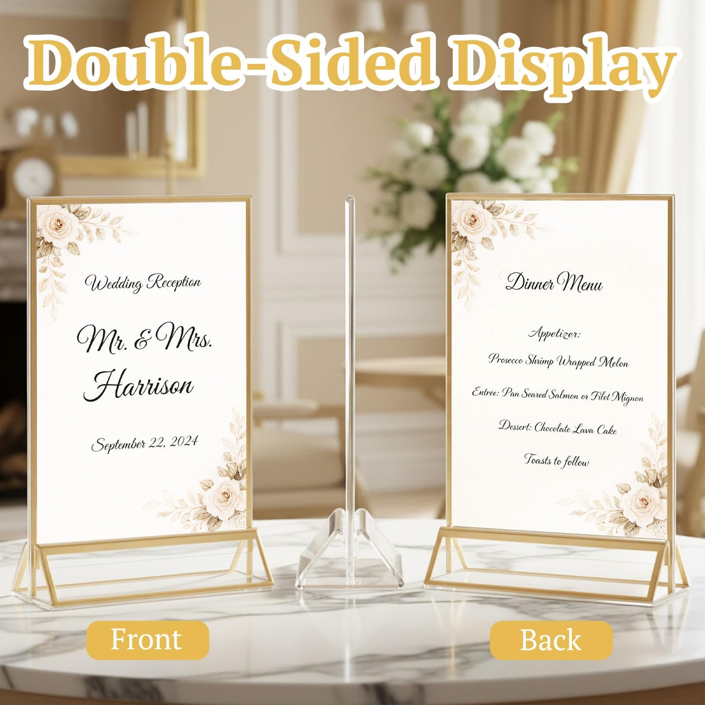 EHWINE 24 Pack Acrylic Sign Holder 5 x 7, Double Sided Gold Picture Frame Stand up Table Top Sign Holders, Clear Display Stand Menu Flyer Holder for Wedding Party