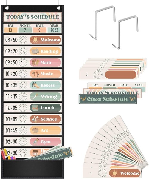 Godery Daily Schedule Pocket Chart - Boho Theme Classroom Decor for Pre-K to Grade 6 | Black