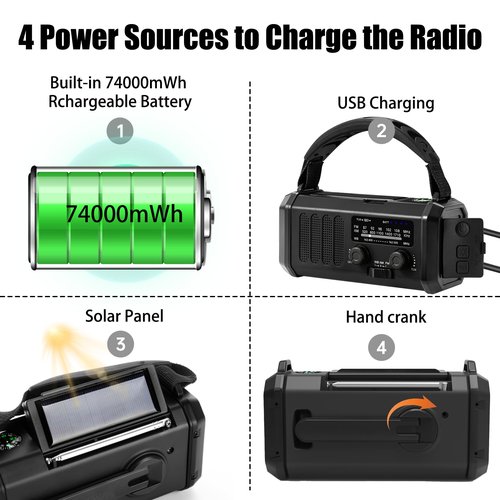 QAUYYW Hand Crank Emergency Radio,74000mWh Solar Powered Portable NOAA AM FM Weather Radio with 3 Mode Flashlight and Reading Light,Cell Phone Charger,Home and Emergency Distress Signal (Black)