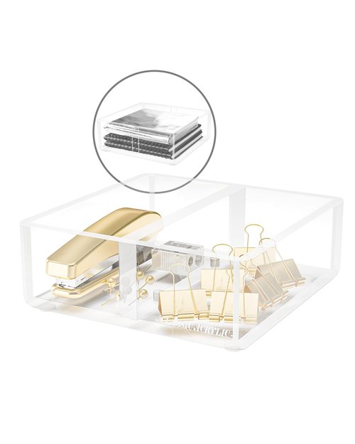 CLASSIC ACRYLIC Paper Clip Holder w/Adjustable Compartment Includes Premium Gift Box. Great Gift for Christmas. Durable & Stylish Desk Organizer for Office Supplies & Sticky Note/Post it Note Holder.