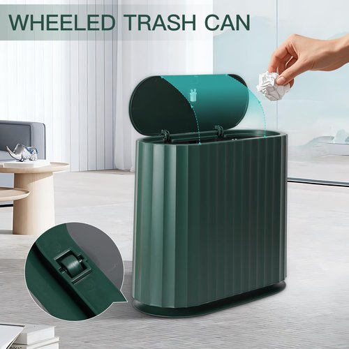 XLHOMO Small Bathroom Trash Can with Press Type Lid, Toilet Brush and Holder Set,Slim Dark Green Bathroom Garbage Can, Slim Narrow Trash Bin 2.6 Gallon Garbage Bin, 75Counts Trash Bags