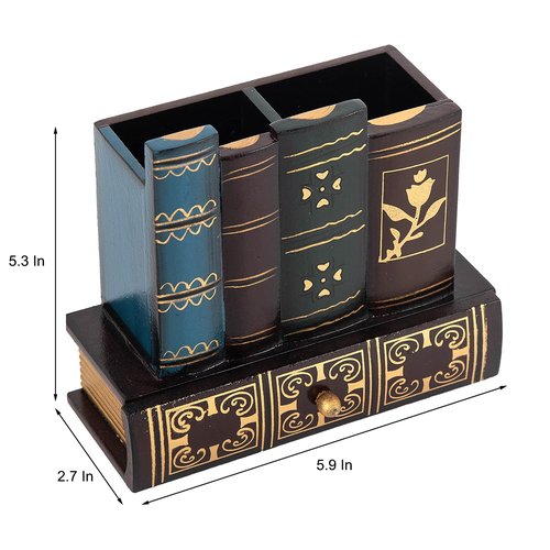 VERGOODR Decorative Pencil and Pen Holder with Storage Drawer, Wooden Desk Organizer Caddy, Antique Library Books Design Pen Cup for Office Supplies, Countertop, Desk,Table (Red)