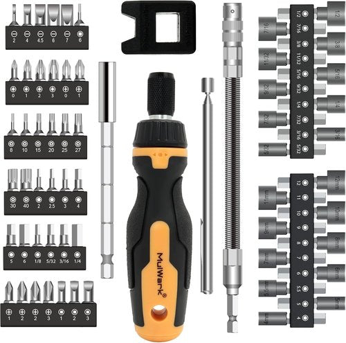 MulWark 63PC Magnetic Ratcheting Screwdriver Bit Set - Versatile Multibit Driver with Slotted, Torx, Hex, Philips & More