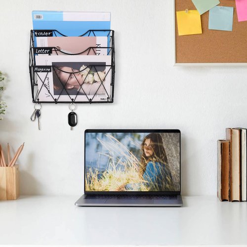 Karsbarwe 3 Tier Wall File Holder Organizer, Hanging File Organizer, Magazine Rack, Wall Mount Paper Folder Holder, with 5 Key Holder Hooks,Metal, Black