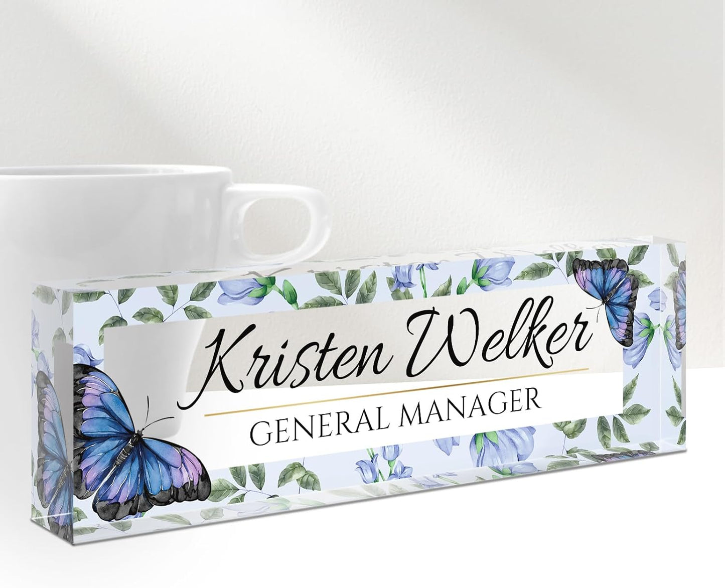 Skiennix Personalized Desk Name Plate - Custom Acrylic Office Sign for Employee Appreciation | Blue Butterfly Design