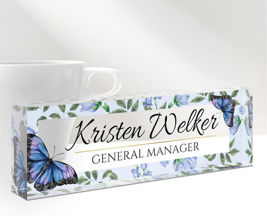 Skiennix Personalized Desk Name Plate - Custom Acrylic Office Sign for Employee Appreciation | Blue Butterfly Design