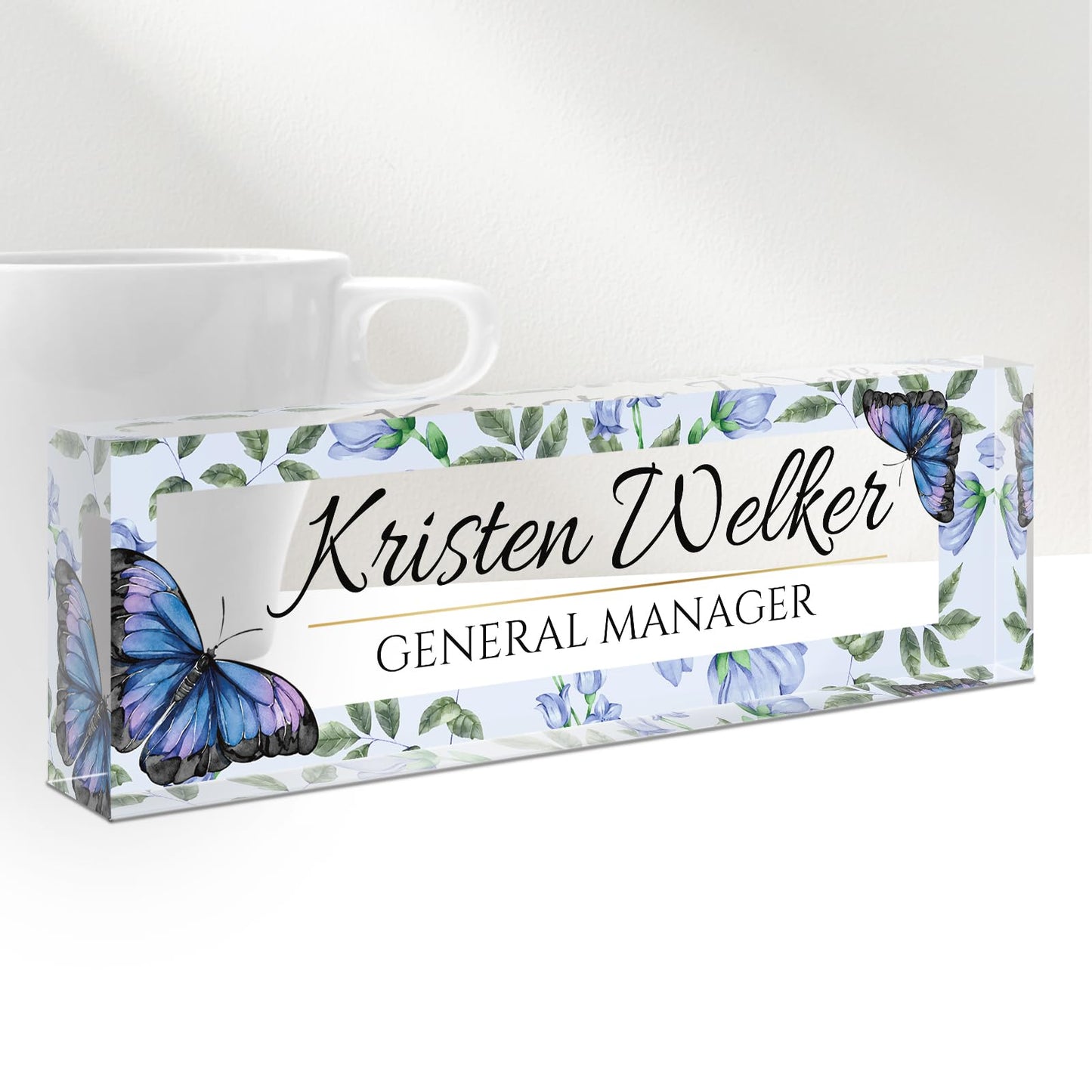 Personalized Office Name Plate for Desk - Custom Employee Appreciation Gifts - Acrylic Desk Name Plate Personalized - Staff Appreciation Gift for Teacher, Coworker, Nurse, Manager (Blue Butterfly)