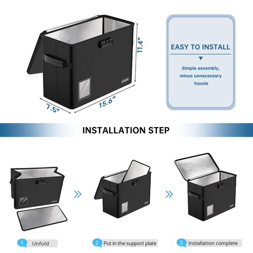 ELOBOON 5200 Fireproof Book Storage for 150-175 Comics, Water-Resistant & Moistureproof Stackable Box With Label Window and Lock, Sturdy Short Case With Fire Zipper, Black