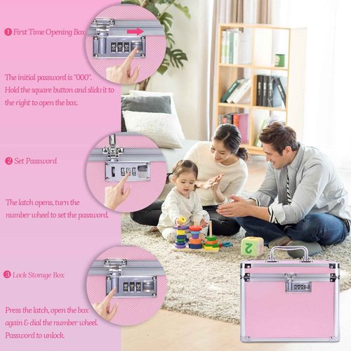 Buanson Girls Makeup Box Organizer Storage with Combination Lock, Locking Makeup Cosmetic Train Case for Women, 9.96" x 6.8" x 7.79" Travel Make up Box Pink