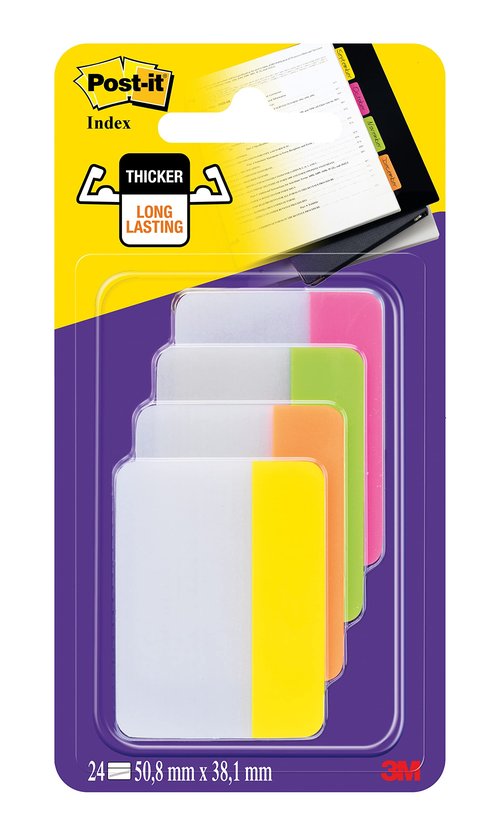 Post-It 686-PLOY Index Strong Filing Tabs, Pink, Green, Orange, Yellow, 51 x 38 mm (6 of Each Colour)