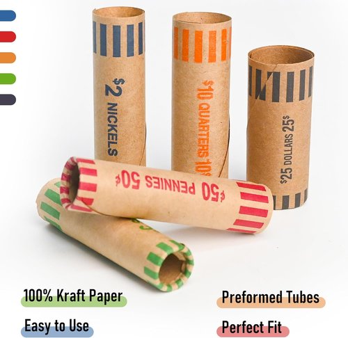 L LIKED Coin Roll Wrappers - 105 Assorted Rolls for Quarters, Pennies, Nickels, Dimes & Dollars