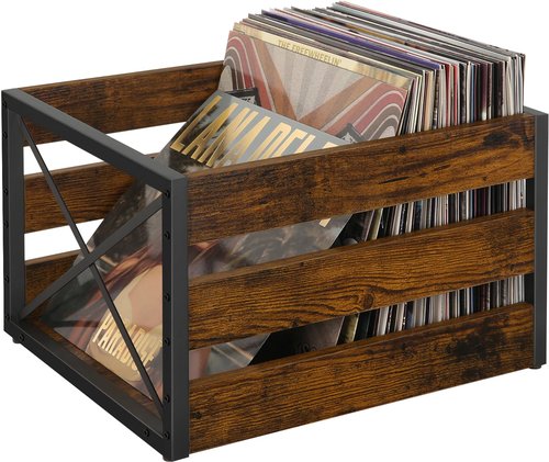 YINMIT Vinyl Record Storage, Large LP Vinyl Record Storage Crate, Metal & Wooden Album Holder, Cube Record Organizer Box, Holds up to 80+ Records