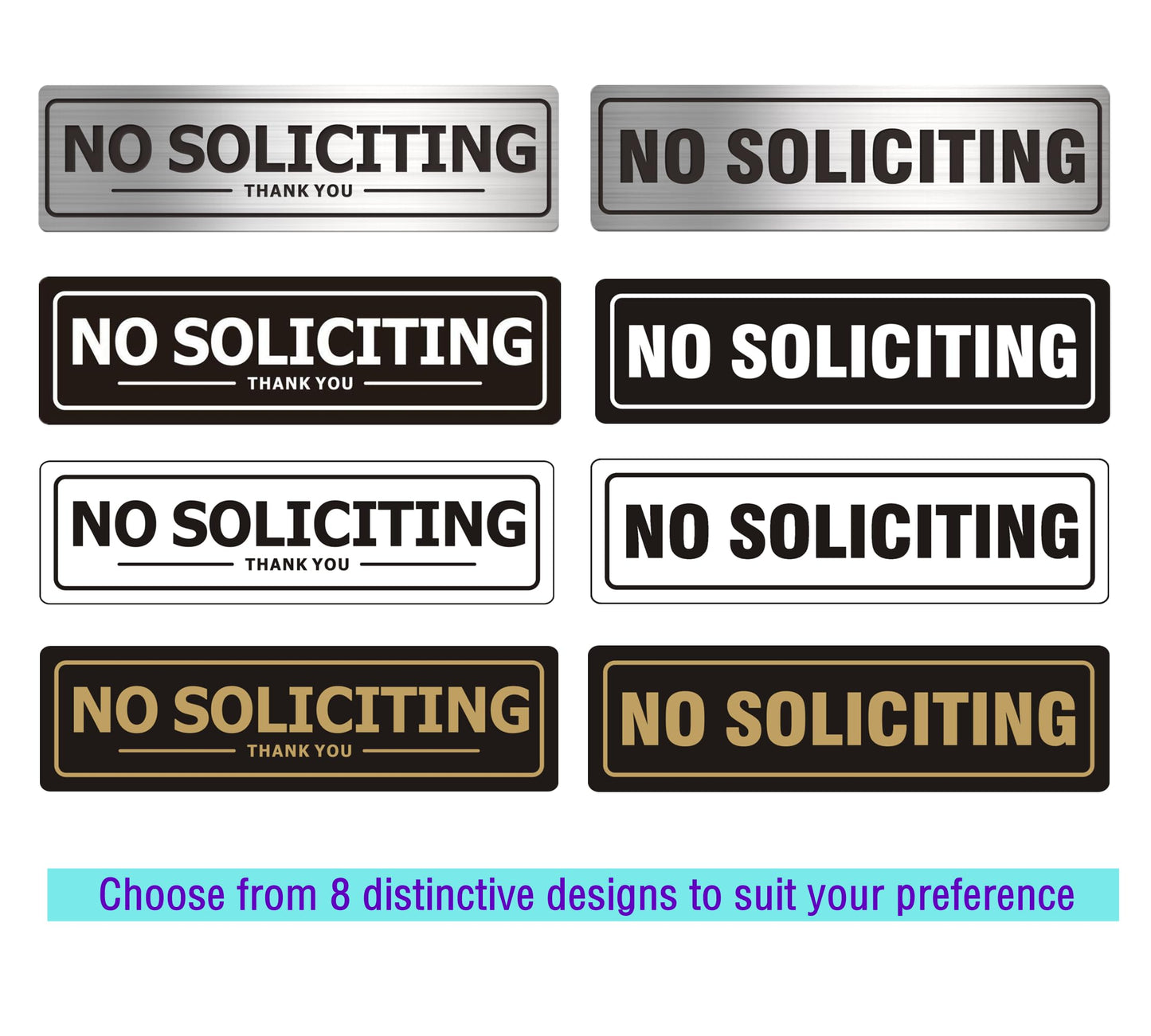 No Soliciting Sign - Door Signs for House Business and Office Wall - Aluminum Metal with Strong Self Adhesive (2 Pack, Silver 7×2 inches)