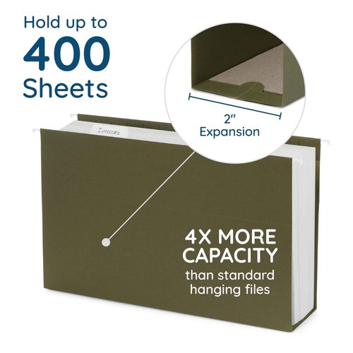 50 Extra Capacity Hanging File Folders, Heavy Duty, 2’’ Expansion Filing Folders, Designed for Bulky Files, Legal Charts, Manuals, and More, Standard Green, Legal Size, 50 Pack