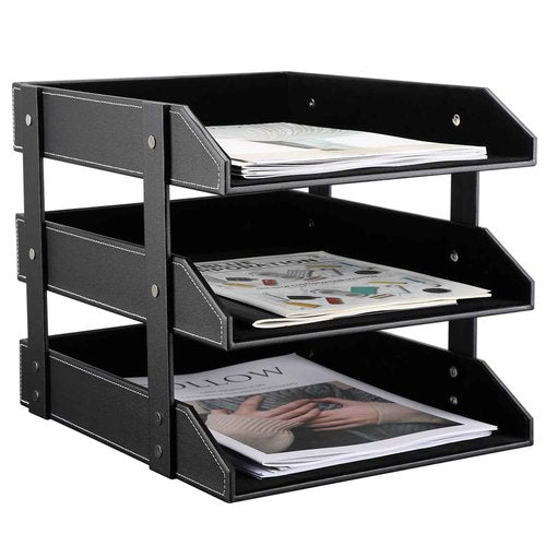 KINGFOM Letter Tray, Leather Paper Organizer Tray, Wooden Desk File Holder, Desktop File, Stackable Magazine Holder, Mail Sorter, Great for Home or Office - 3 Level Black