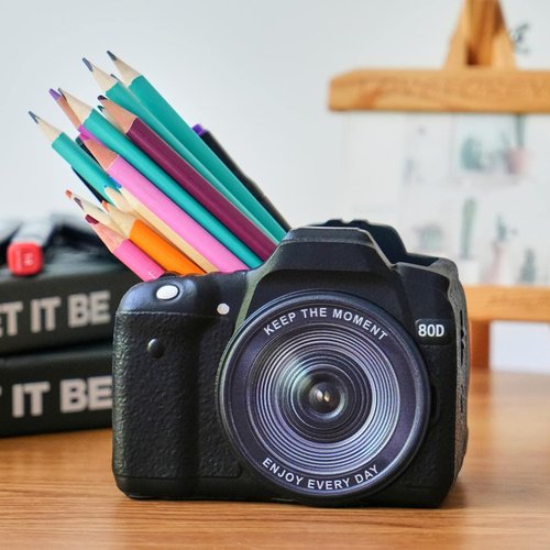 Camera Pen Pencil Holder Desk-Decor - Bookend Shelf Decor Makeup Brush Holder, Aesthetic Desk Accessories Supplies Holders Organizer for Office Stationary Birthday Anniversaries Graduation Gift