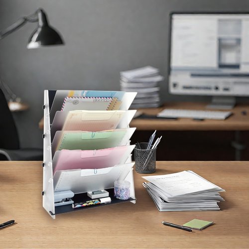 PROSPACE P0005 Acrylic 5-Tier Desktop Or Wall Mount File Organizer, 12" x 16" Vertical Hanging Document Rack with Bottom Tray, Company and Home Office Space Organization (Matte Black)
