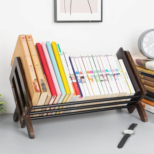 Fox Claw Desktop Bookshelf, Wood Tilting Bookcase with Iron Rack, Book Organizer for CDs/Magazine/Books Display, Storage Rack in Living Room/Studyroom/Home/Office (Brown&Black, 19.68")