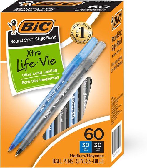 BIC Round Stic Xtra Life Pens - Medium Point 1.0 mm | 30 Black & 30 Blue Ink Pens, 60 Pack