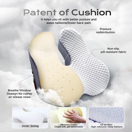 Seat Cushion for Tailbone Pain Relief X-Large,Ergonomic Office Chair Cushions for Butt Hip Lower Back & Sciatica Pain Relief Pillow,Pressure Relief Seat Cushion for Long Sitting, Car & Plane (Grey)