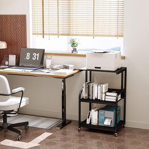 EasyCom Printer Stand- Large 3 Tier Sofa Side Table with Wheels- Industrial Printer Storage Cart- Modern Night Stands with Storage Shelf for Living Room Bedroom Office Black