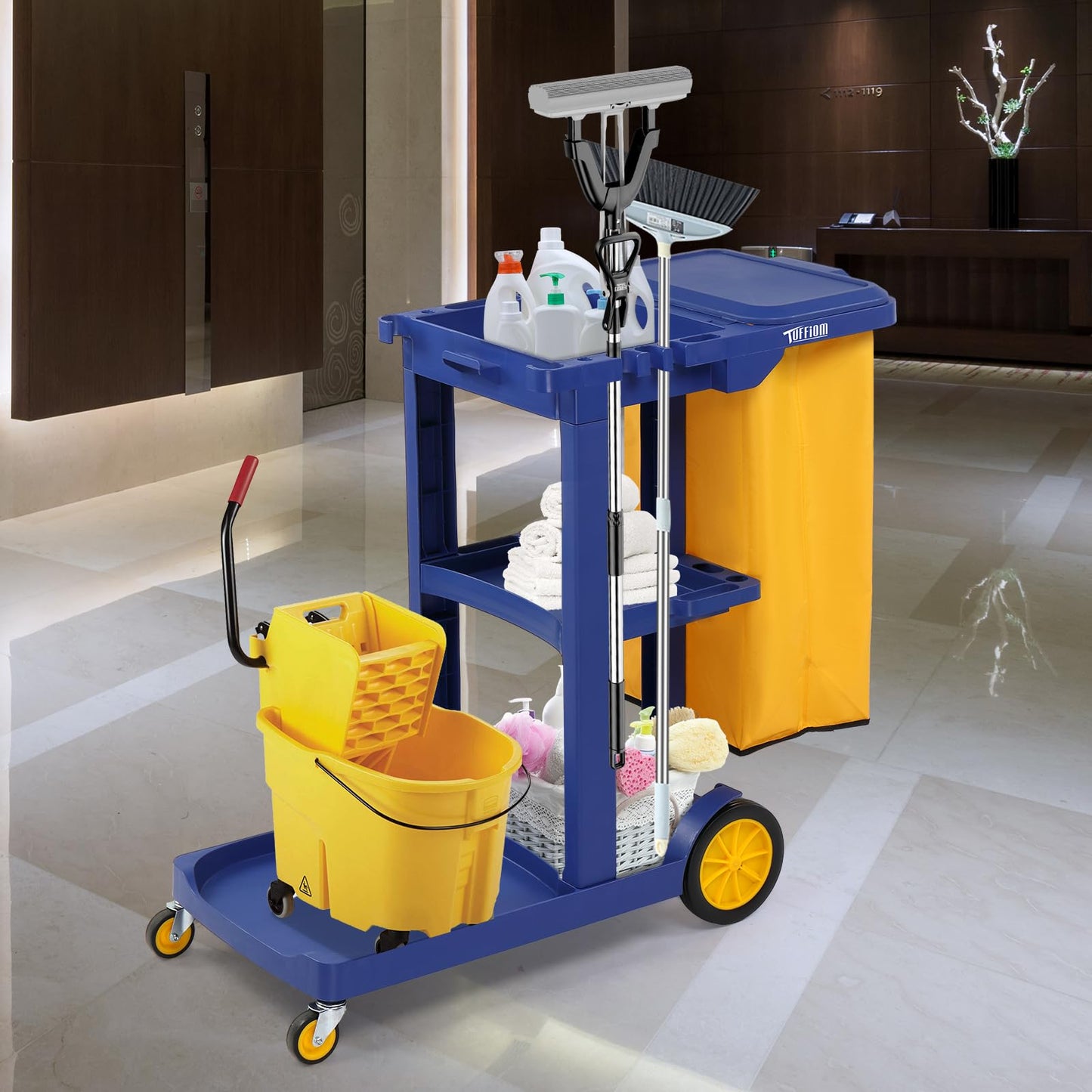 TUFFIOM Commercial Traditional Cleaning 3-Shelf Janitorial Cart, 500 Lbs Capacity Housekeeping Cart, Wheeled with Yellow VinylBag and Cover w Lid, Blue,