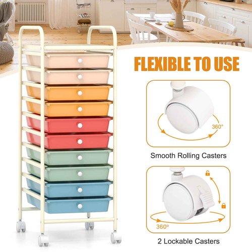 HOMGX Storage Cart with 10 Drawers, 10 Tiers Rolling Drawer Cart with 2 Lockable Wheels, Slim Rolling Storage Cart for Office/School/Home, Macaron