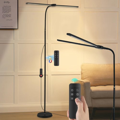 Rtrevlo LED Floor Lamp with Remote, 24W 2400LM Dimmable Standing Light with Double Heads and Adjustable Gooseneck, Modern Tall Lamp for Bedroom, Office, Living Room, Eyelash Extensions & Crafting