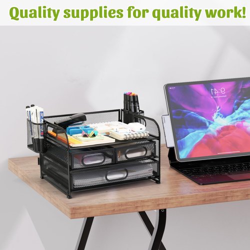 Carperipher 3 Tier Mesh Desk Organizer with Drawer for Desk Pencil Holders, Office Supplies, Folders, File,Notebooks, Stationery, Desk Organizer with 2 Pen Holder for Home, Office, School