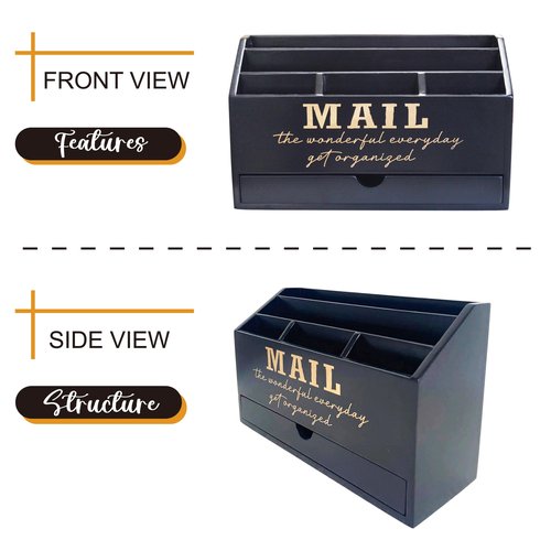 EXQUIDECA Wooden Black Rustic Countertop Mail Storage Holder with Drawer and Compartments - Office Desk Accessories and Workspace Organizers - Desktop Sorter for Pen Stationery Letter Files Documents