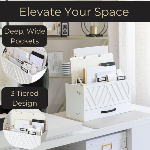 BLU MONACO White Desktop Mail Organizer – Three-Tiered with Gold Label Holders and Drawer – Stylish Mail Holder and Countertop Document Storage for Home or Office