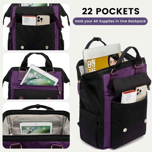 LOVEVOOK Laptop Backpack for Women Work Travel Backpack Commuter Business Computer Bag Teacher Doctor Nurse Bags College Backpack Purse, 17 Inch, Black-Purple-Purple