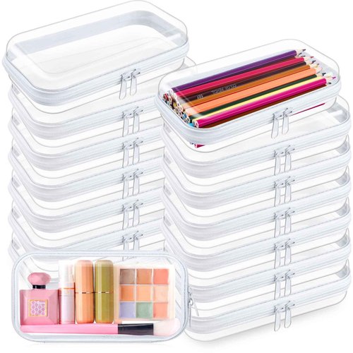 Qiyaz 15 Pcs Clear Hard Shell Zipper Case Plastic Bins Transparent Double Zippers Hard Pouch Clear Plastic Storage Box Containers for Building Blocks Cosmetics, Puzzles(7.5 x 4 Inches)