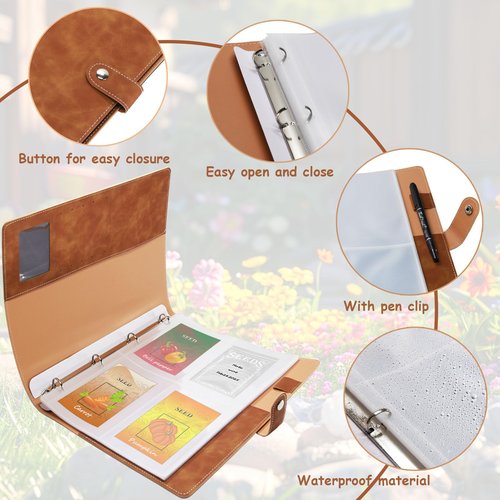 BmBpWOW Garden Seed Storage Organizer Binder: 100 Resealable Envelopes + 25 Sheet 100 Pockets Protectors | Durable Organizer for Seed Packets, Saving & Planting - Brown