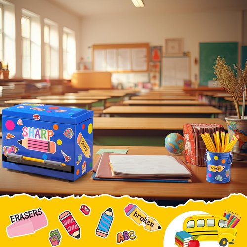 Mifoci 8 Pcs Pencil Dispenser Kit for Classroom Stainless Steel Straw Dispenser for Pencils Metal Pen Holder Letter Sticker Bulk Teachers Classroom Supplies Storage(Blue)