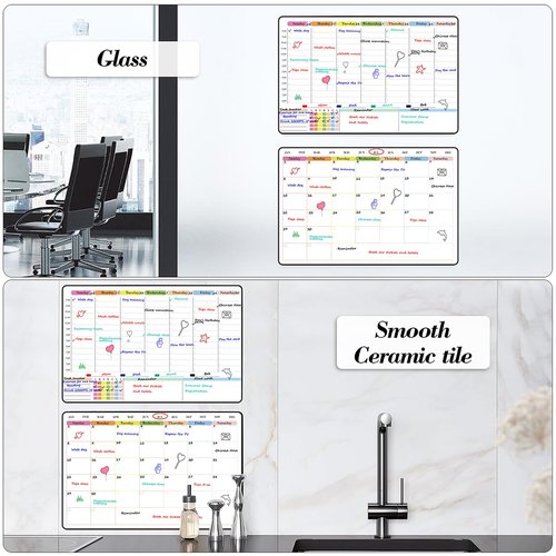 POPRUN Dry Erase Calendar weekly and monthly self adhesive stick on non-magnetic stainless fridge & Glass & Wall & wooden (any smooth surface) Schedule Board with Time Slots for Office and Family