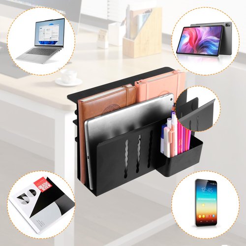 CIBOTIES Desk Side Storage, 2 Tier Steel Hanging Organizer, No Drill Side Desk Organizer, Laptop Holder, with Pen Holder, For Office Supplies & Studio Essentials Black