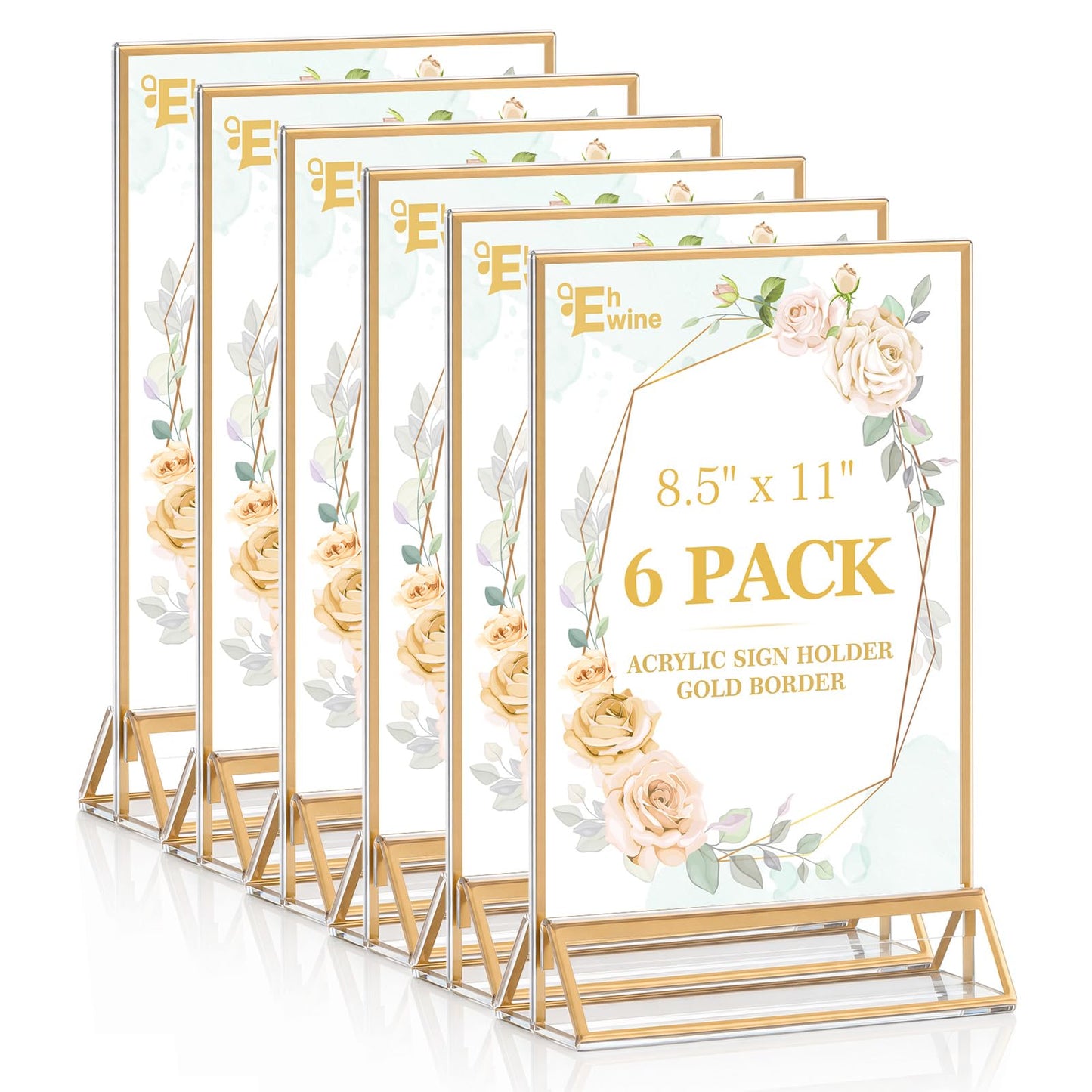 EHWINE 6 Pack 8.5×11 Clear Acrylic Sign Holder with Gold Borders and Vertical Stand, Double Sided Table Menu Holders Picture Frames for Wedding Table Numbers, Restaurant Signs, Photos and Art Display