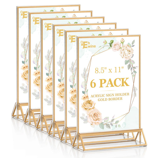 EHWINE 6 Pack 8.5×11 Clear Acrylic Sign Holder with Gold Borders and Vertical Stand, Double Sided Table Menu Holders Picture Frames for Wedding Table Numbers, Restaurant Signs, Photos and Art Display