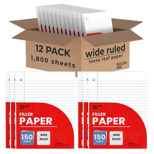 Notebook Paper Loose Leaf Wide Ruled Notebook 10.5” x 8” Filler Paper 56 gsm 1800 Sheets 150 Per Pack (12 Pack)