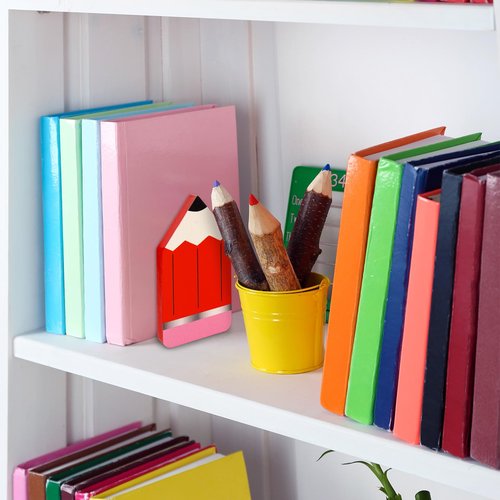 FYSUIMU 4Pcs Back to School Wood Bookends Colorful Pencil Shape Wooden Book Stands Chic Non Skid Book Stoppers for Heavy Books Home School Office Library