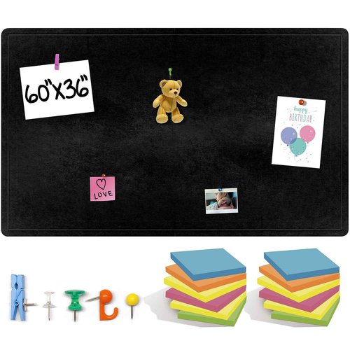 Large Bulletin Board 60 x 36 Inches - Foldable Felt Bulletin Board for Wall, Cork Board Alternative with 100 Color Pins & 12 Note Pads, Vision Board - Black