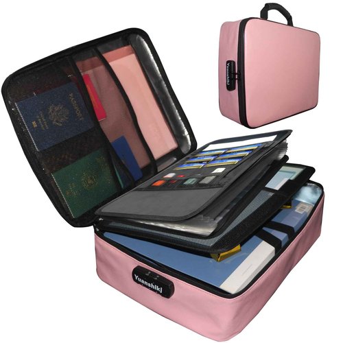 Yuanshikj Heat Insulated Fireproof Waterproof Safe File Organizer,Document Organizer Box with Lock Labels,Multi-Layer Portable Home Travel Safe Storage Box for Important Documents (Pink)
