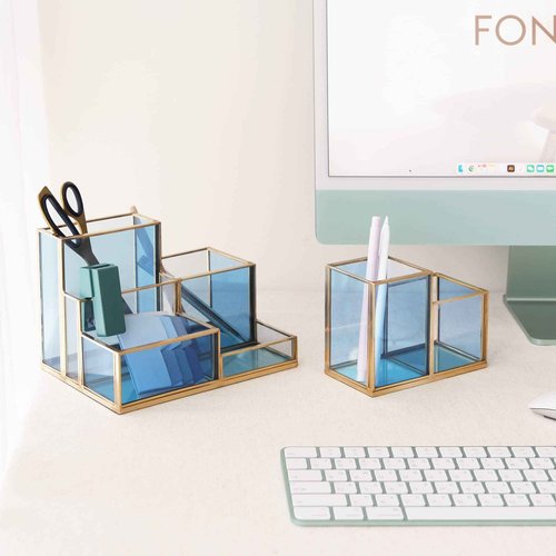 FONDAZZA Set of 3 Gold Desk Organizers for Home Office Supplies, Gold Brass and Blue Glass, 1 Each of 5, 4 & 2-Compartment Storage for Stationery, Cosmetic, makeup tools and Brush.
