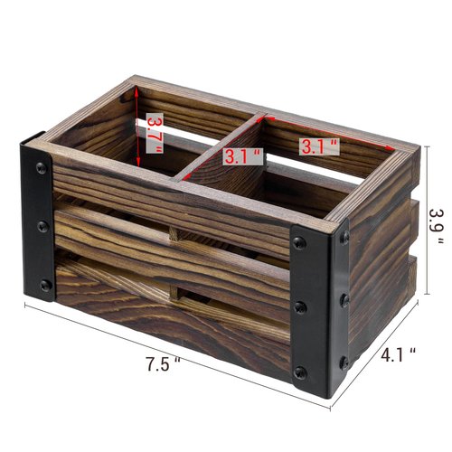 MyGift 2 Compartment Magnetic Office White Board Accessories Holder, Rustic Burnt Solid Wood Dry Erase Marker and Eraser Caddy with Black Metal Corner Brackets