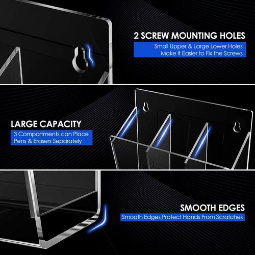 MaxGear Dry Erase Marker Holder with 3 Compartments, Clear Acrylic Wall Pen Organizer with 3 Markers, 1 Eraser & Adhesive Remote Control Holder - Whiteboard & Locker Accessories