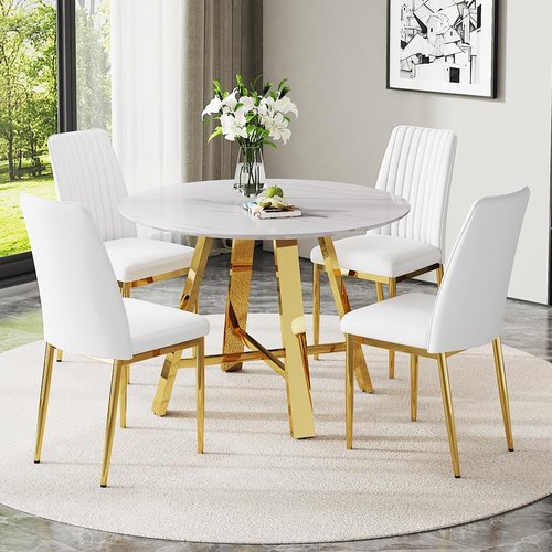 5 Piece Round Dining Table Set for 4,Modern White and Gold Dining Room Table and Chairs Set,42" Marble Tabletop with Upholstered Chairs,Luxury Kitchen Table Set for Small Spaces,Office,Apartment