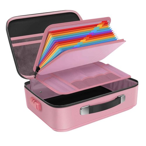 Fireproof Document Box Hard Case With Lock, Multi-Layer Fire Proof Water Resistant Safe Box File Organizer Bag With Small Money Bag for Important Documents Passport Certificates Laptop (Pink)