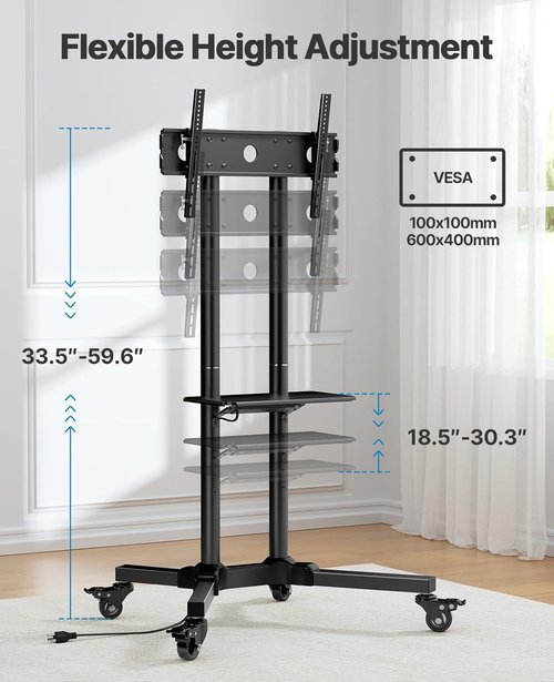 HUANUO Rolling TV Stand - Mobile Cart for 32-85 Inch Flat/Curved TVs | Tilt & Height-Adjustable, 132 lbs Capacity