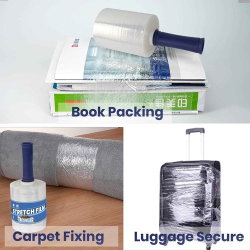 TAPEBEAR Mini Clear Stretch Wrap Film 80 Gauge 5" x 1000Ft, Shrink Wrap Roll with Handle, Durable Self-Adhering Clear Plastic Wrap Industrial Strength Pallet Shrink for Moving, Packing, 4-Pack